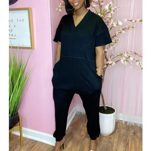 Drop Shoulder Harem Jumpsuit (BLACK) - Picture 1 of 1